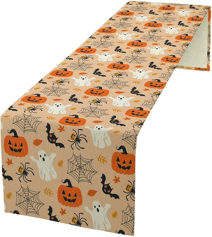 Halloween Table Runner,Cute Ghost Pumpkin Leaves Table Runner for Kitchen Dining Table Decoration Home Party Decor 13x90 Inch