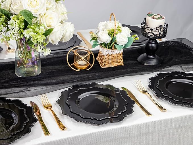 Dessert Plates, 7.5 Inch Black Plastic, 100 Count, Ceramic-Look Disposable