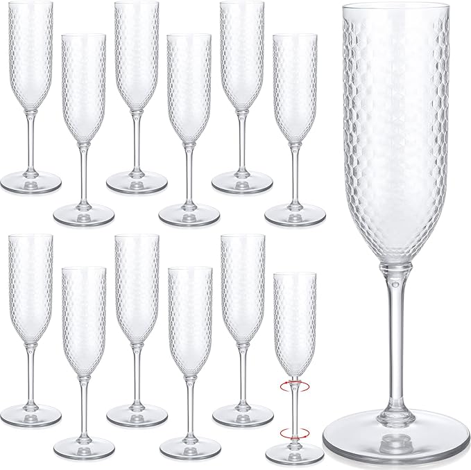 Champagne Glasses, 24 Clear Plastic Flutes with Diamond Pattern