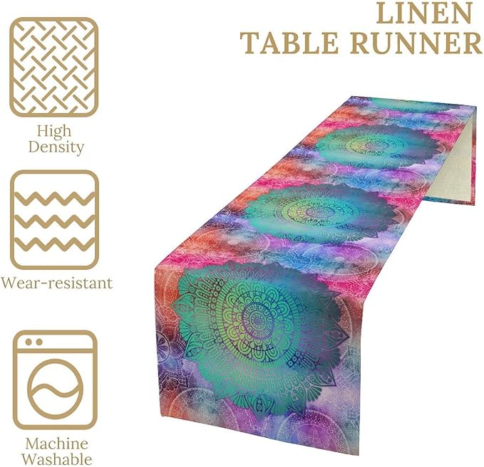 Green Mandala Table Runner, Bohemian Vintage Colorful Exotic Colorful Floral Print Table Runner for Wedding Dining Table Holiday Party Kitchen Home Decor, 13x120inch