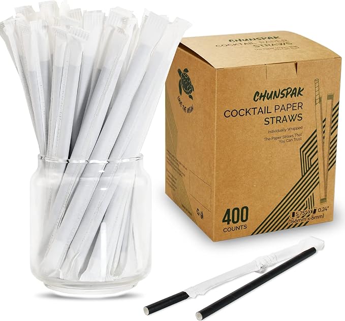 Paper Straws, Solid Black Cocktail Straws, 5.75 Inch Wrapped, 400 Count