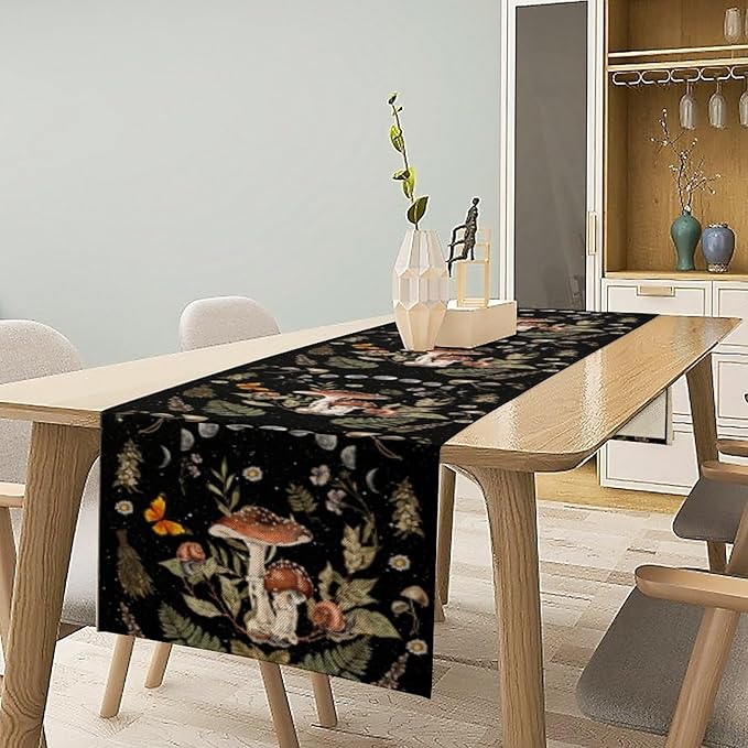 Mushroom Kitchen Table Runner, Boho Vintage Wild Flower Gothic Witchy Moonlit Forest Plant Table Runner for Bedroom Living Room Kitchen Dinner Table, 13x90 Inch