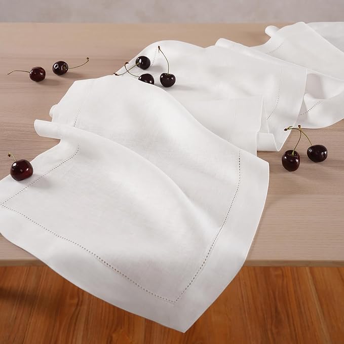 White Table Runner 72 inches Long – 100% Pure Linen Hemstitch 14 x 72 Inch Table Runner for Dining, Spring, Summer, Wedding Decorations, Gift – Elara