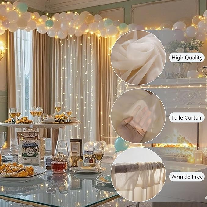 10×8ft Tulle Backdrop Curtains with Lights String - 300LED Fairy Lights Sheer Curtain Backdrop for Weddings Baby Shower and Birthday Party Decorations(8 Panels 5×8ft)