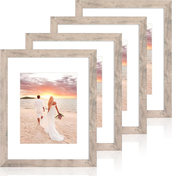 11x14 Picture Frame Set of 4 with Tempered Glass, Smoke Gray Frame Display 8x10 Pictures with Mat or 11 x 14 Without Mat, Wood Rustic Photo Frames for Horizontal or Vertical Wall Mounting