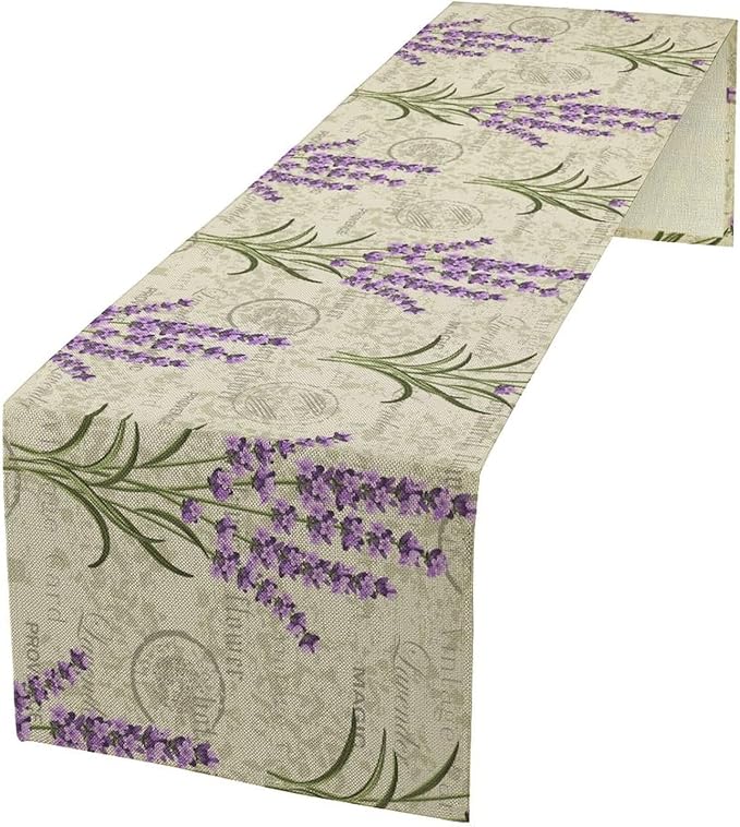 Floral Lavender Table Runner,Vintage Rustic Country Romantic Purple Flower Pattern Print Burlap for Hotel Indoors Outdoor Dining Room Kitchen Home Decor, 13x80in