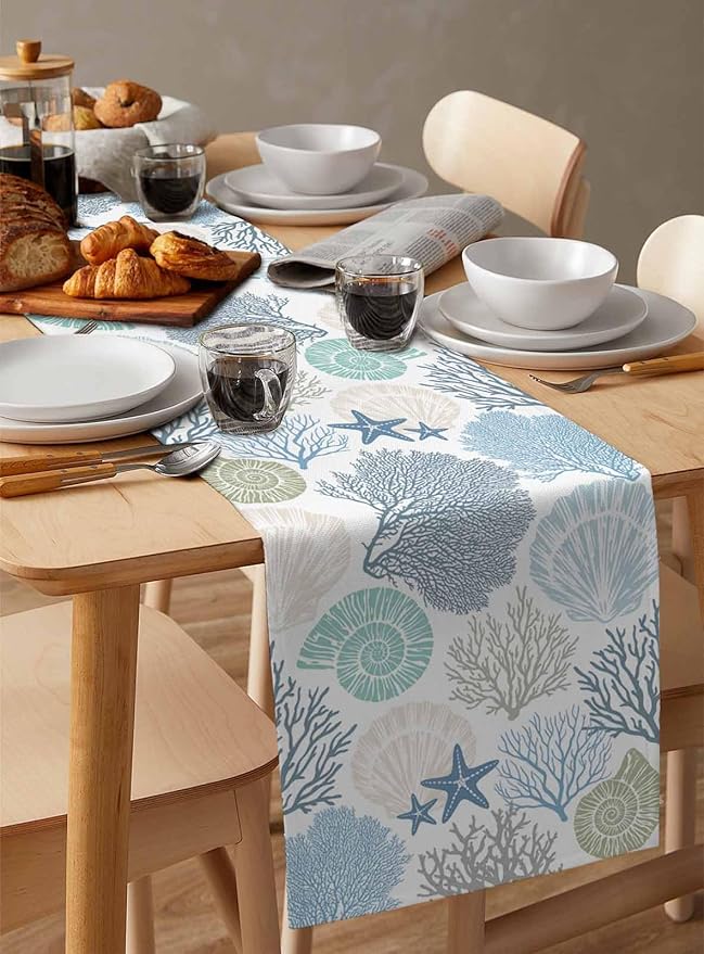 Coastal Coral Cotton Linen Table Runner for Dining Kitchen, Wedding Outdoor Party Tablerunners Decoration, Blue Nautical Starfish Ocean Shell Beach Dresser Scarf Coffee Tablecloth Runners 13''x108''