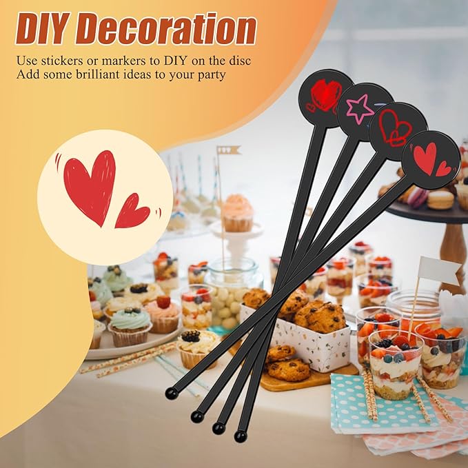 240Pcs Drink Stirrers Cocktail, 7 Inches Disposible Plastic Swizzle Sticks with Disc Top, Mixing Rod for Bar Drinks,Wedding Drinks,Coffee Stir,Whiskey Beverage（Black）