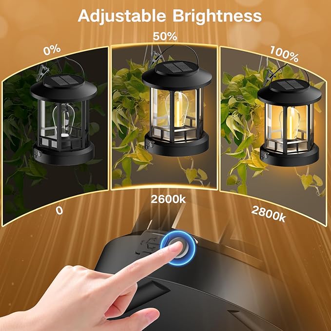 Solar Lights Outdoor Hanging Lantern, Solar Lanterns Waterproof for Patio Decor with Clip, Retro High Brightness Solar Powered Hanging Lamp for Garden, Path, Walkway, Porch, Pack 2