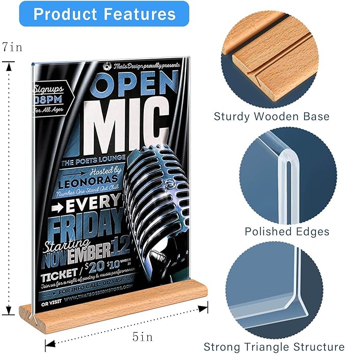Kersally Acrylic Sign Holder 5 x 7, 4 Pack Double-Sided Clear Table Display Stands with Wood Base,Vertical Acrylic Frame Menu Flyer Paper Holder for Stores, Restaurants, Hotels, Office, Show Fair