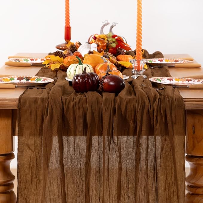 Brown Cheesecloth Table Runner Tan 6 Pack Fall Table Runners Boho Gauze 120 Inches Marron Cheese Cloth Fall Table Decorations for Thanksgiving Wedding Bridal Baby Shower Tea Party Decor