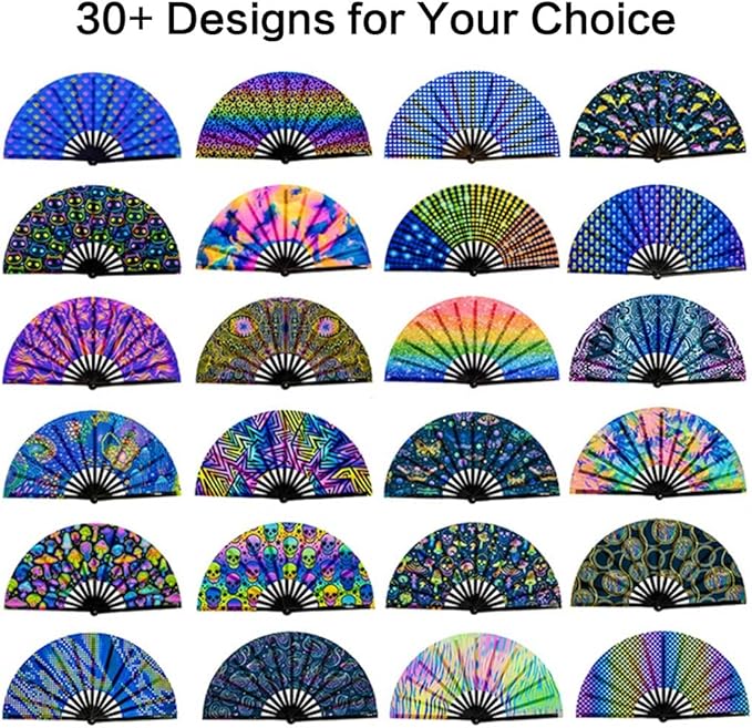UV Glow Rave Fan, Bamboo Folding Clack Hand Fans Foldable for Men Women, Boots on the Ground Poping Fan for EDM Festival Line Dance Decoration, (Magic Mushrooms, Large 13")