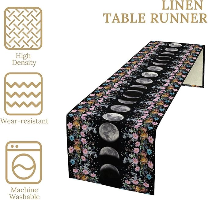 Boho Floral Moon Table Runner, Spring Flower Leaves Mystical Gothic Sun Moon Table Runner for Kitchen Dining Table Home Party,13x120 Inch Purple