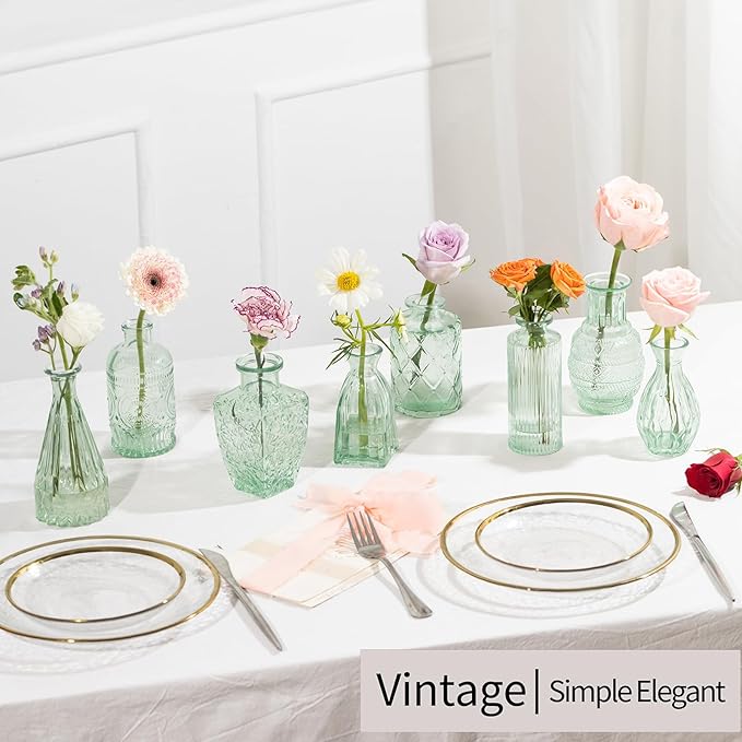 Vintage Small Glass Vases Set of 10,Mini Bud Vases for Flowers,Amber Glass Vases for Centerpieces,Wedding Decorations,Home Table Flower Decor(Sage Green)