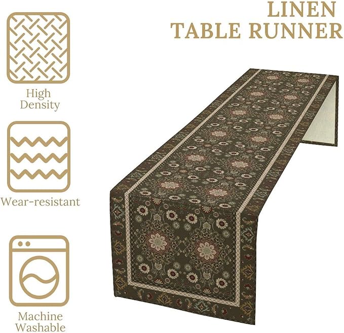 Vintage Boho Floral Table Runner, Rustic Country Farmhouse Brown Bohemia Flower Pattern for Home Kitchen Table Decor Dining Coffee Room Party Decor 13x90in