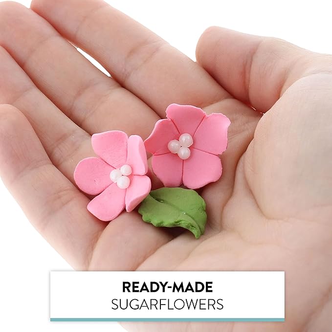 Edible Cake Toppers: Small Pink Gumpaste Flowers and Leaves, 72 Pieces