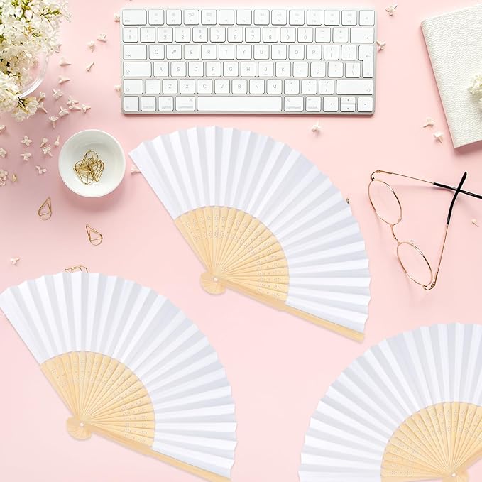 24 Pieces White Hand Held Bamboo Folding Fans Paper Fans Handheld for Women Foldable Girls Wedding Decoration Church Home Party Favors Summer