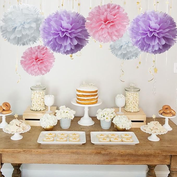 Tissue Paper Pom Poms Set, 18 Pieces in Pink, Purple and White