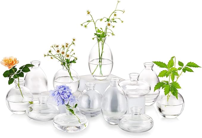 Glass Bud Vase for Centerpieces: 12Pcs Glasseam Clear Mini Small Vases for Flowers Bulk Flower Vase Set Aesthetic Cute Handmade Tiny Short Wedding Table Centerpiece Decor