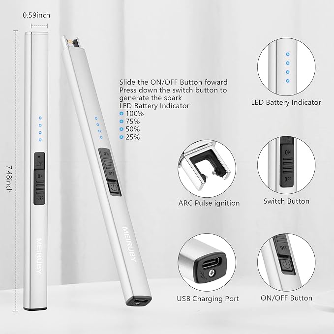 Electric Arc Candle Lighter, Silver USB Rechargeable Windproof