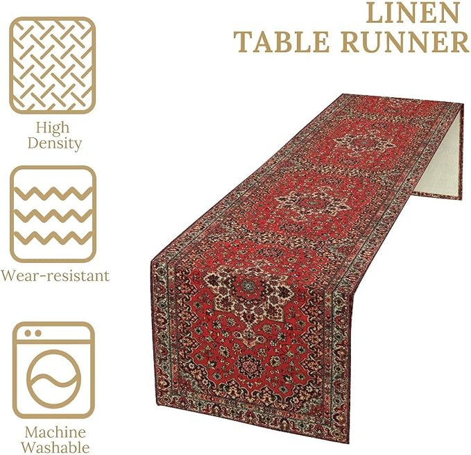 Vintage Boho Floral Table Runner, Rustic Country Farmhouse Red Black Retro Flower Pattern for Home Kitchen Table Decor Dining Coffee Room Party Decor 13x90in
