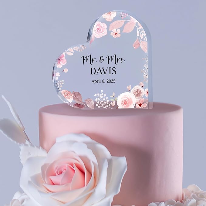 Non-Edible Cake Topper: Personalized Heart Acrylic Block, 2 Sizes, 7 Colors