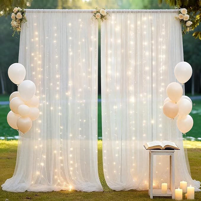 Ledido 10×10ft Tulle Backdrop Curtains with Lights String - 300LED Fairy Lights Sheer Curtain Backdrop for Weddings Baby Shower and Birthday Party Decorations(2 Panels 5×10ft)