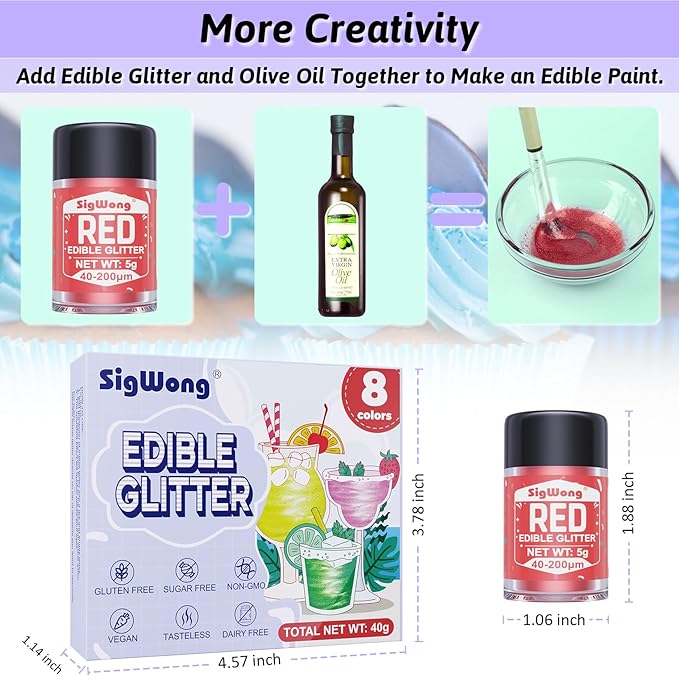 Edible Glitter Dusting Powder, 8 Colors, 5g Set for Drinks and Desserts