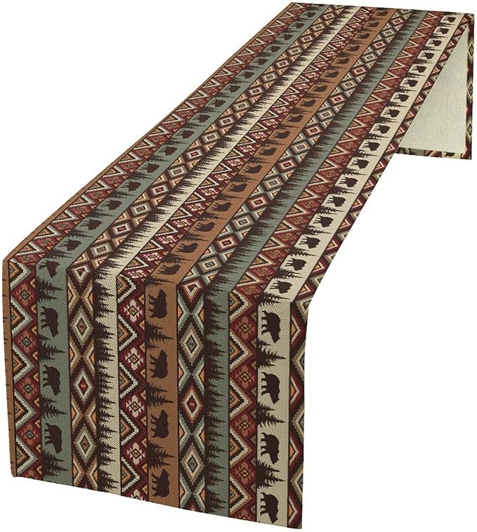 Retro Cabin Table Runner Rustic Bear Forest Farmhouse Lodge Jungle Table Runner for Dinner Party Living Room Kitchen Aztec Vintage 13x36 Inch
