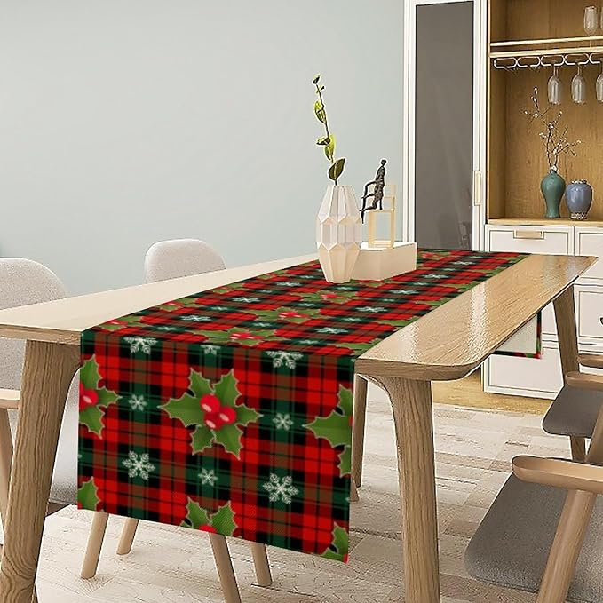 Christmas Table Runner, Red Check Plaid Winter Xmas Holiday Table Cloth Kitchen Dining Table Decoration for Home Party Decor 13x90 Inch