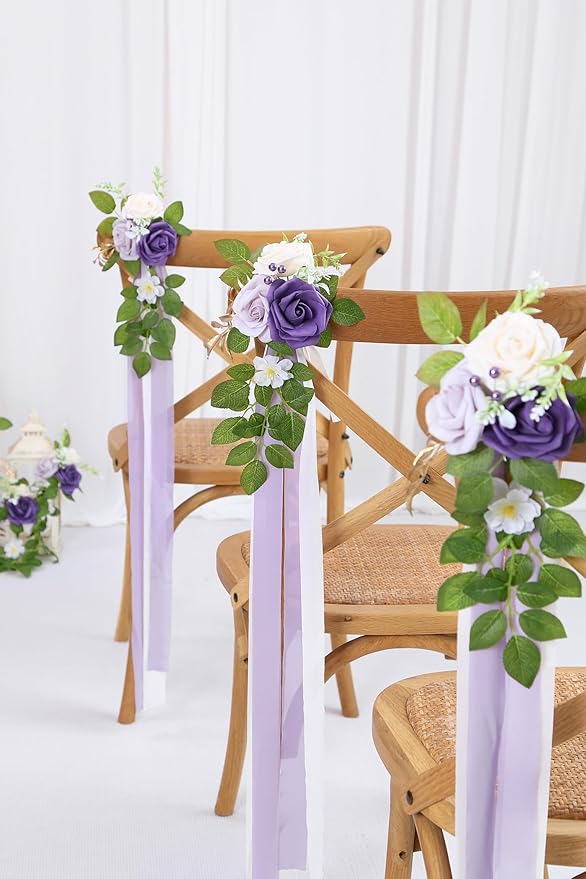 Artificial Flowers for Wedding Aisle, Purple Roses, Gold Leaves and Ribbon