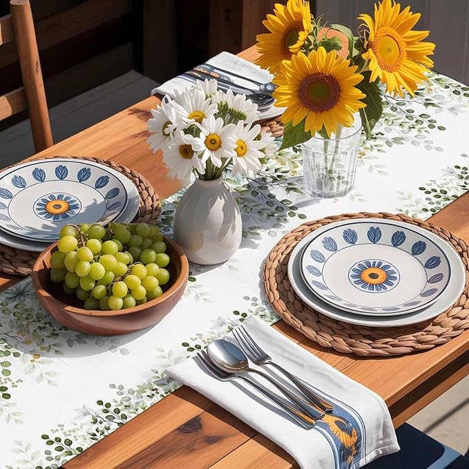 Sage Green Eucalyptus Cotton Linen Table Runner for Dining Kitchen, Farmhouse Leaves Wedding Outdoor Party Tablerunners Decoration Botanical Floral Dresser Scarf Coffee Tablecloth Runners 13x90 Inches