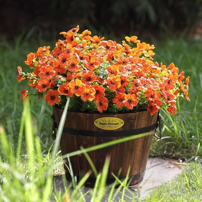 HyeFlora Artificial Fall Flowers Faux Mums for Outdoor Indoor Garden Home Decoration, Faux Flower Daisy with Eucalyptus Leaves Fake Mums Plants Greenery Boxwood Porch Patio, 12 Bundles (Orange)