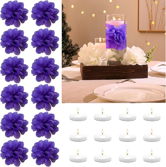 Vase Fillers: 24 Purple Floating Flowers and White Floating Candles