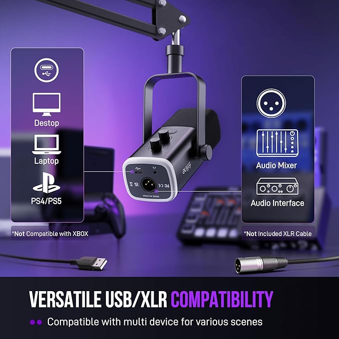FIFINE XLR/USB Gaming Microphone Set, Dynamic PC Mic for Streaming Podcasting, Computer RGB Mic Kit with Boom Arm Stand, Mute Button, Headphones Jack, for Recording Vocal Voice-Over-AmpliGame AM8T
