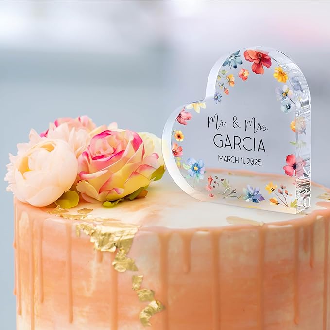 Non-Edible Cake Topper: Personalized Heart Acrylic Block, 2 Sizes, 7 Colors