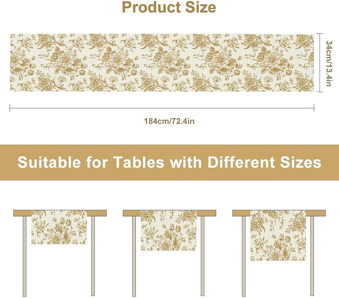 Retro Floral Table Runner, Golden White Wildfloral Sketch Print Kitchen Dinning Table Runner for Indoor Outdoor Home Wedding Party Holiday, 13x90 Inch