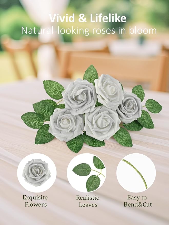 Artificial Silver White Roses, 50 Pcs Foam Flowers with Bendable Stems