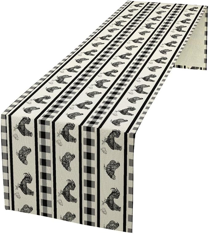 Rooster Table Runner,Farmhouse Animal Vintage Chicken Black White Plaid Check Tablecloth Burlap for Hotel Indoors Outdoor Dining Room Kitchen Home Decor,W13X L90 in