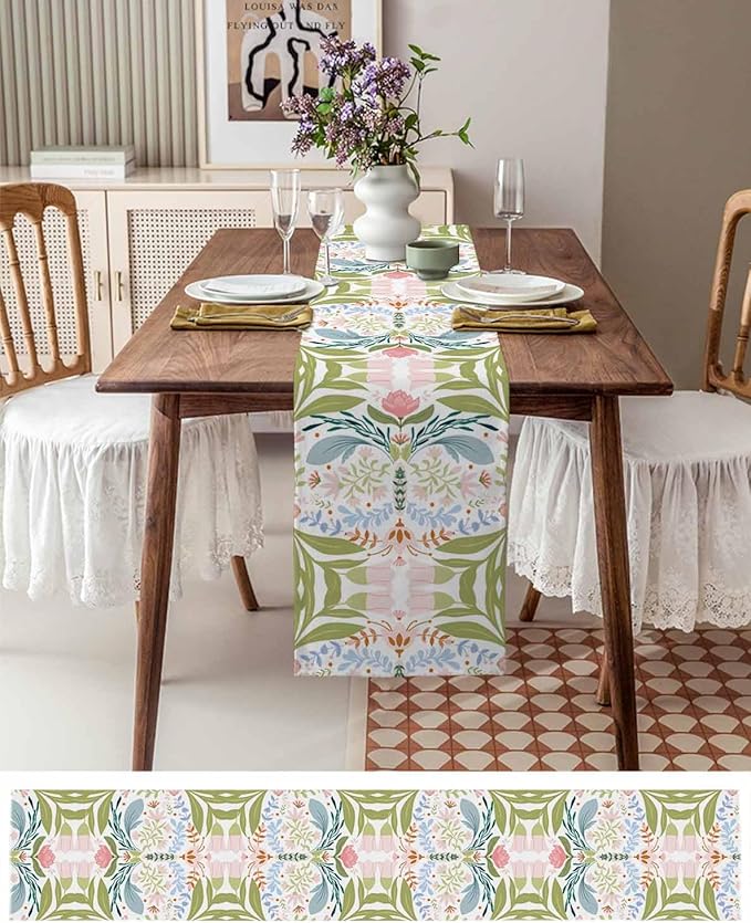 Green Blue Pink Boho Floral Cotton Linen Table Runner for Dining Kitchen, Wedding Outdoor Party Tablerunners Decoration, Retro Bohemian Botanical Dresser Scarf Coffee Tablecloth Runners 13x120 Inches