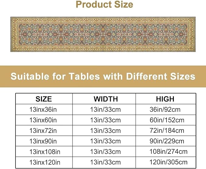 Boho Floral Vintage Beige Blue Table Runner, Retro Flower Rustic Country Farmhouse Abstract Pattern for Home Kitchen Table Decor Dining Coffee Room Party Decor 13x108in