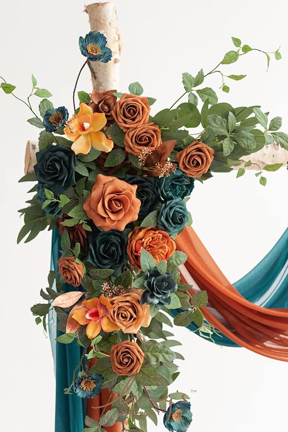 Artificial Wedding Flower Arch Kit in Teal and Burnt Orange, 4-Piece Set
