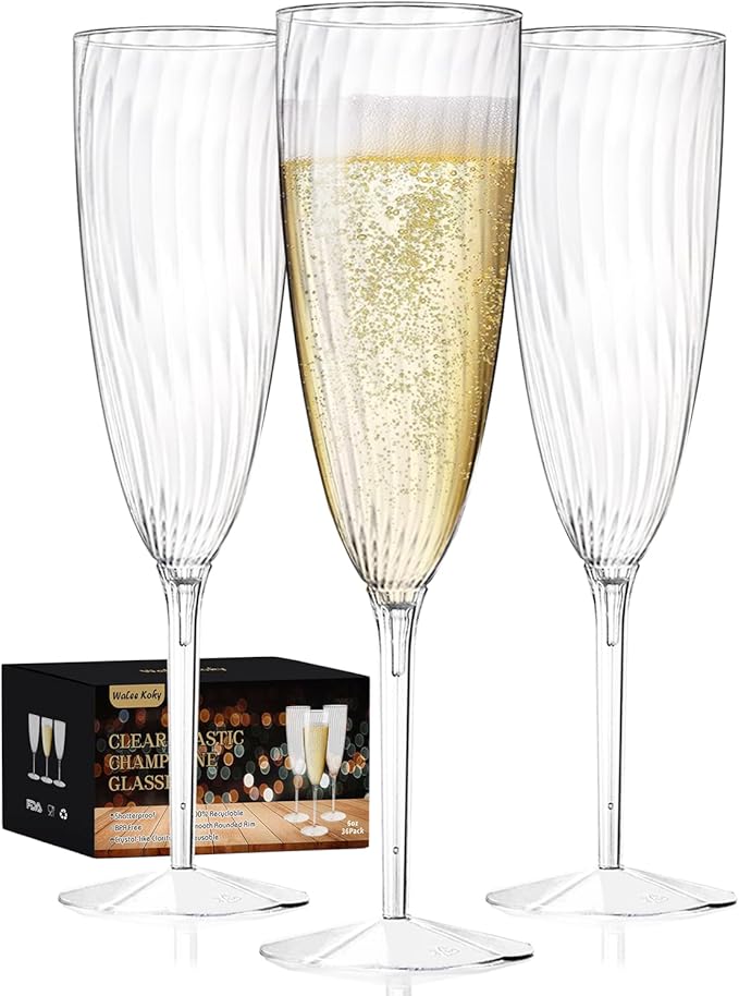 Plastic Champagne Flutes, 36 PCS Clear Disposable Wine Glasses Reusable Plastic Cocktail Cups for Home Daily Life Party Birthday Wedding Toasting Drinking Champagne(6 oz)