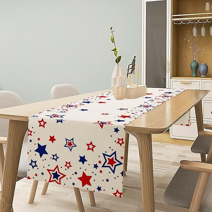 4th of July Table Runner, American Stars Patriotic Independence Day Table Runner for Indoor Outdoor Party Home Kitchen Dining Table Decor, Blue Red, 13x60inch