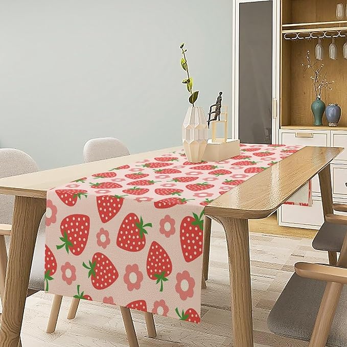 Strawberry Table Runner Spring Summer Fruit Pink Berry Forest Garden Dinner Runner for Girl Baby Shower Party Holiday Home Kitchen Dining Table Decor 13x108