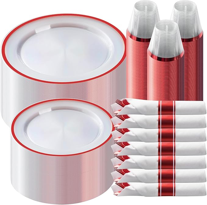 Plates Set for 50 Guests, Red Rim Plastic with Dinner and Salad Plates