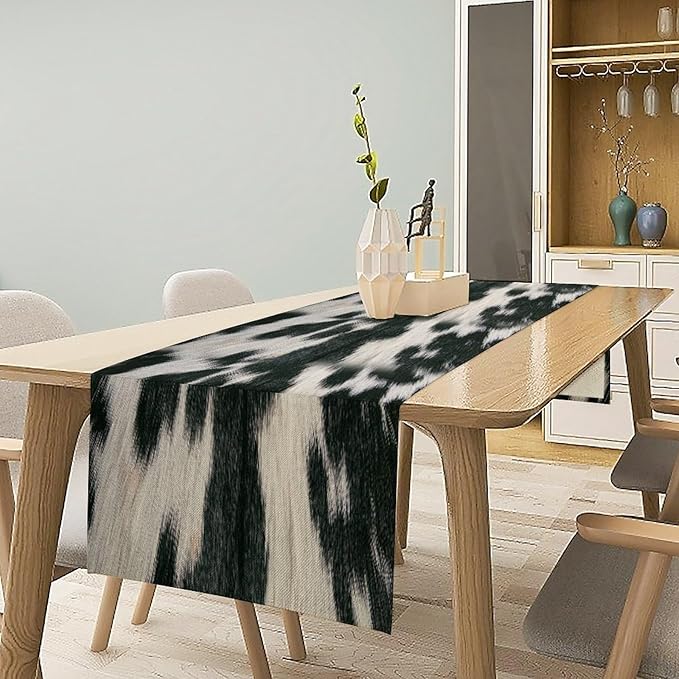 Rustic Cow Skin Print Table Runner, Country Farm Animal Fur Skin Pattern Western Style Brown Cowhide Print Cotton Linen Cottage Dinner Runner for Home Kitchen Dining, 13x70 Inch