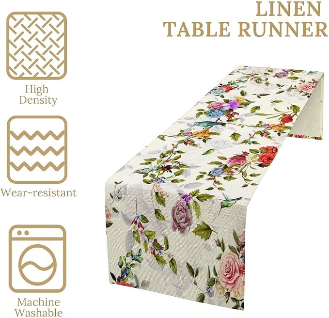 Vintage Bird Flower Table Runner Seasonal Spring Summer Garden Plants Farmhouse Country Kitchen Dinner Runner Dining Table Decoration for Home Party Holiday 13"x60"