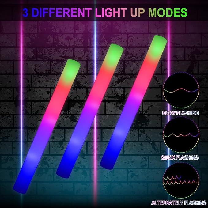 LifBetter Light Up Glow Sticks Bulk, LED Foam Sticks in The Dark with 3 Modes Flashing Led Foam Multicolor Batons Light up Party Favors for Birthdays, Weddings, Concerts, Festivals (30pcs)