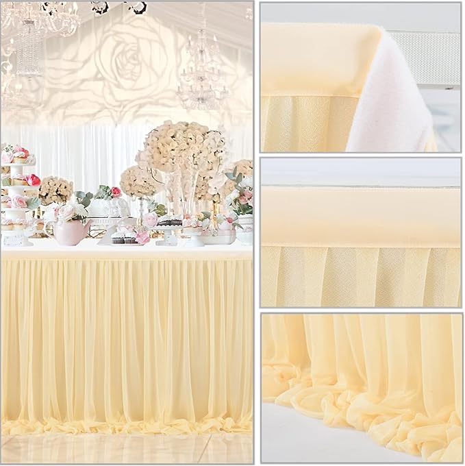 14ft Champagne Table Skirt Tulle Wedding Table Cloth Elegant Tutu Table Skirt Cover for Birthday Party Baby Shower Dessert Buffet Banquet Table Decorations